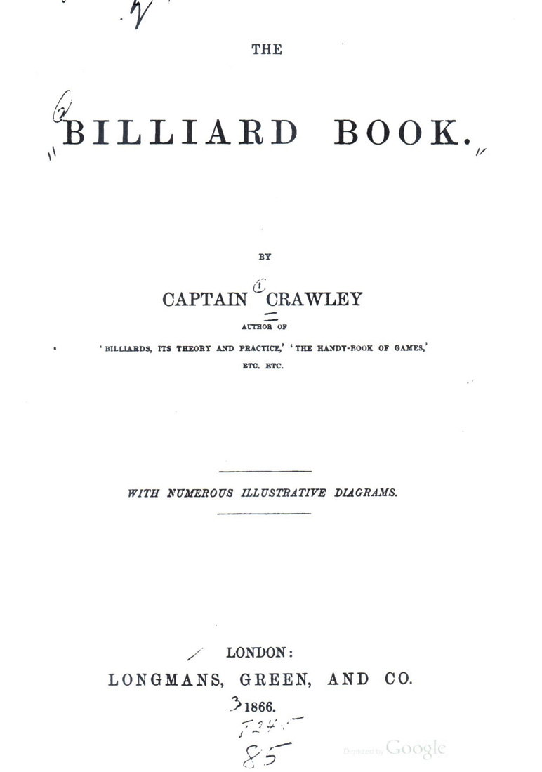 The Billiard Book by Captain Crawley, 1866 title page